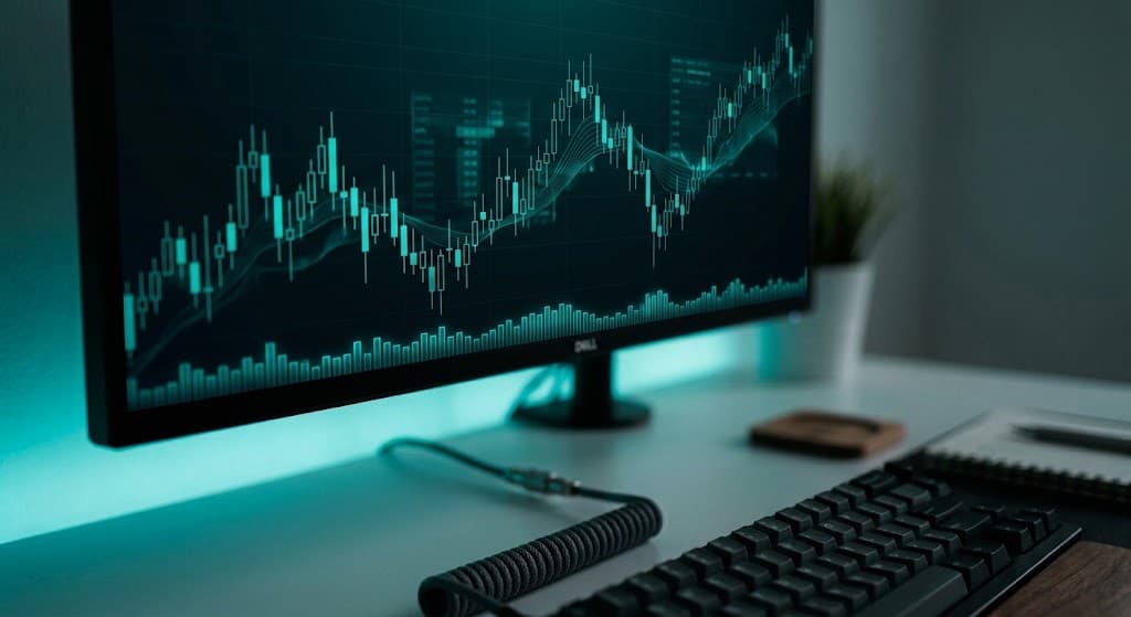 Gráfica de velas financiera en pantalla, ambiente de análisis nocturno teal