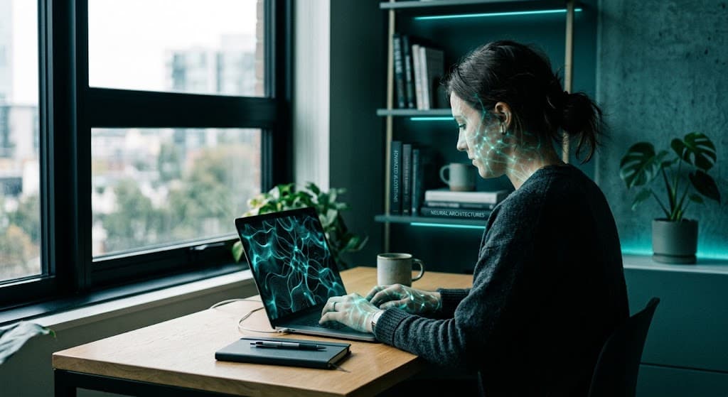 Persona aplicando IA en su trabajo diario, laptop con interfaz de Guías visible